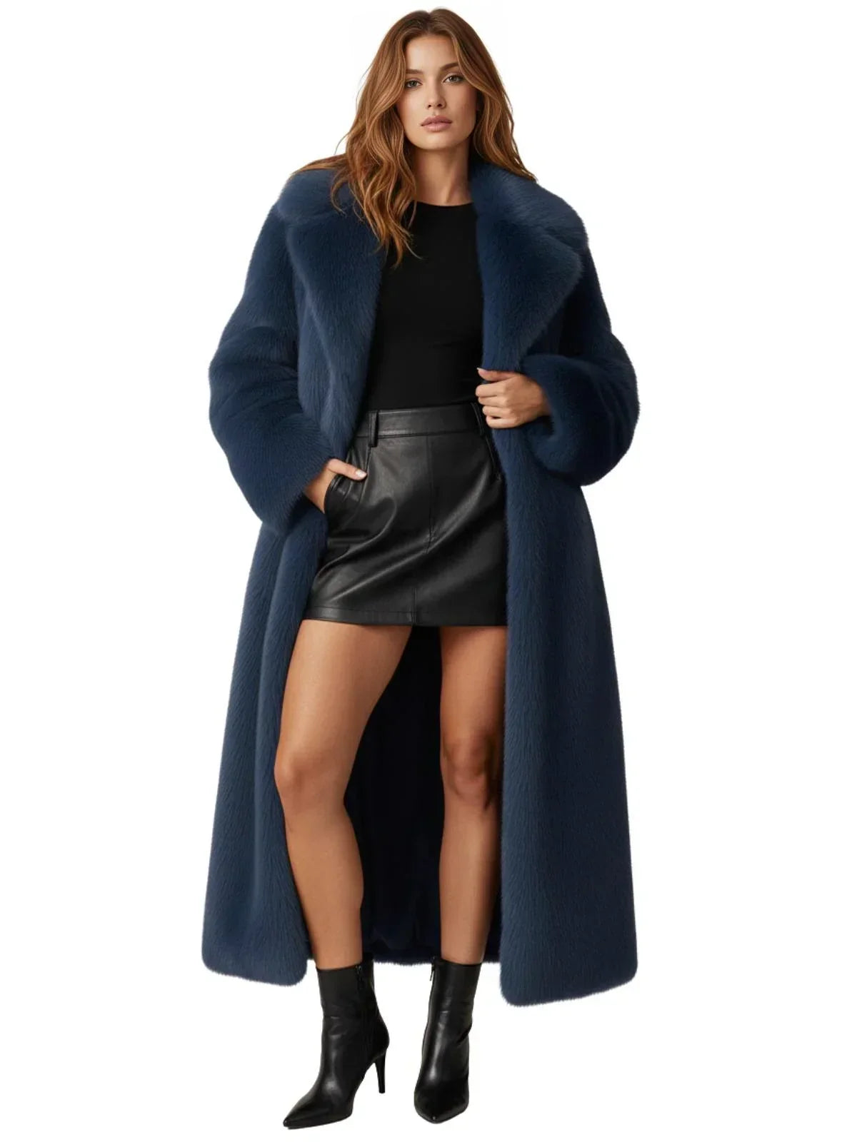Woman wearing a long navy blue fur coat, black top, and leather skirt on a white background