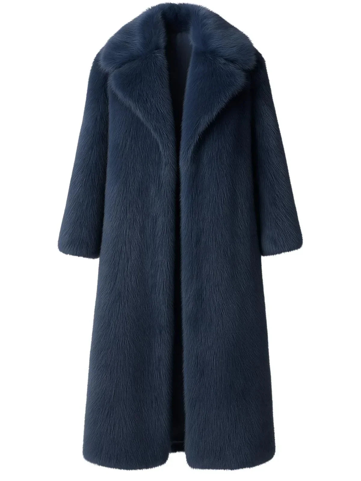 Long navy blue fur coat on a white background