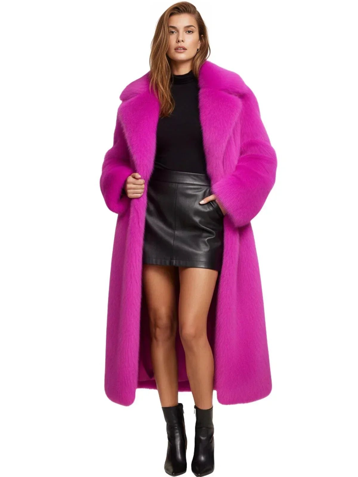 Woman wearing a bright pink long fur coat, black leather skirt, and black boots on a white background