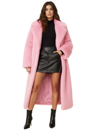 Thumbnail for Woman wearing a long pink fur coat, black top, and leather skirt on a white background
