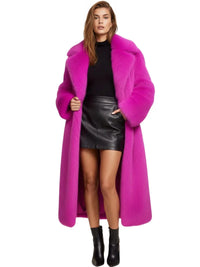Thumbnail for Woman wearing a bright pink long fur coat, black leather skirt, and black boots on a white background