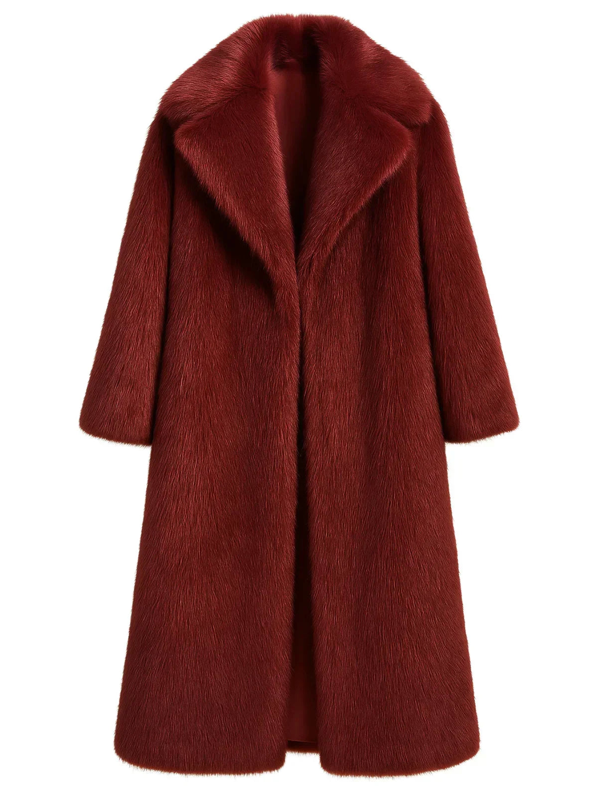 Long wine red fur coat on a white background