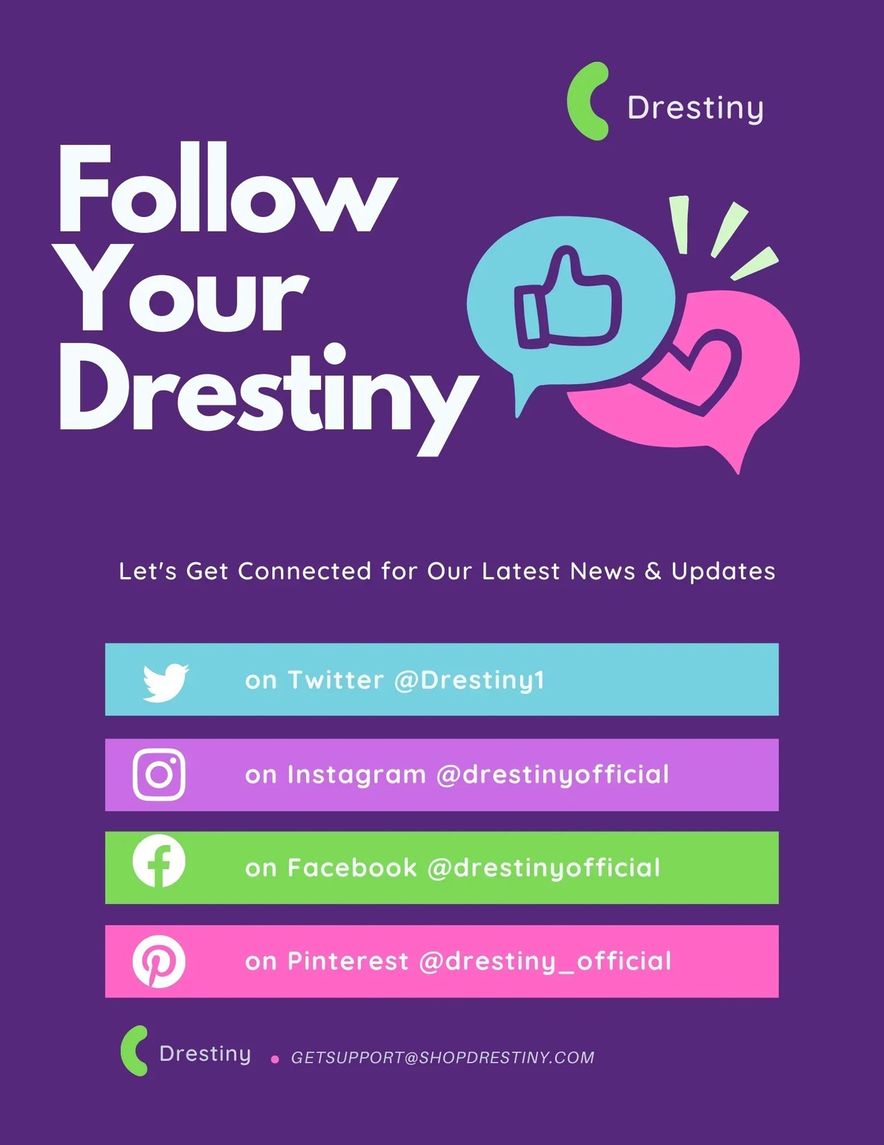 Promotional graphic for Drestiny with social media handles on a purple background