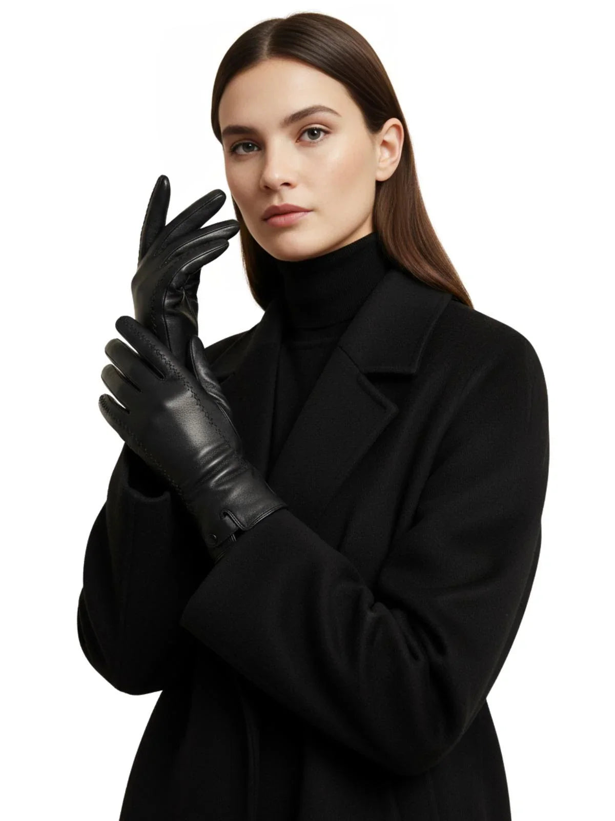 Woman wearing black leather gloves and a black coat on a white background