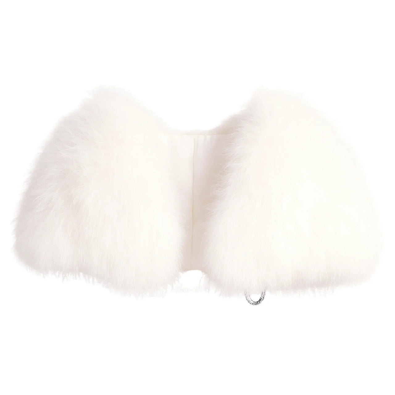 Close-up of a white ostrich fur shawl with a water droplet on a white background