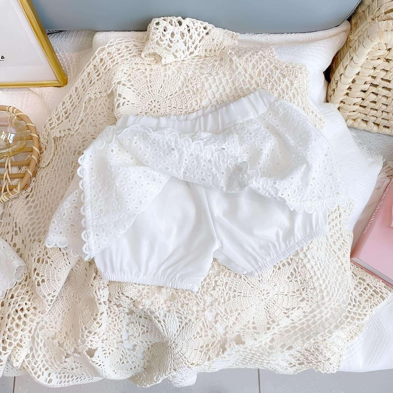 Girl's Summer Clothing Set - Hollow Lace Sleeveless Shirt & Shorts 2Pcs Set -, Sets , Drestiny , 12M, 18M, 2T, 3T, 4T, 5T, 6T, Australia, Canada, Girls, New Zealand, Short Sets, Shorts, Skirt Sets, Skirts, Sleeveless, TD, United Kingdom, United States, White , Drestiny , www.shopdrestiny.com