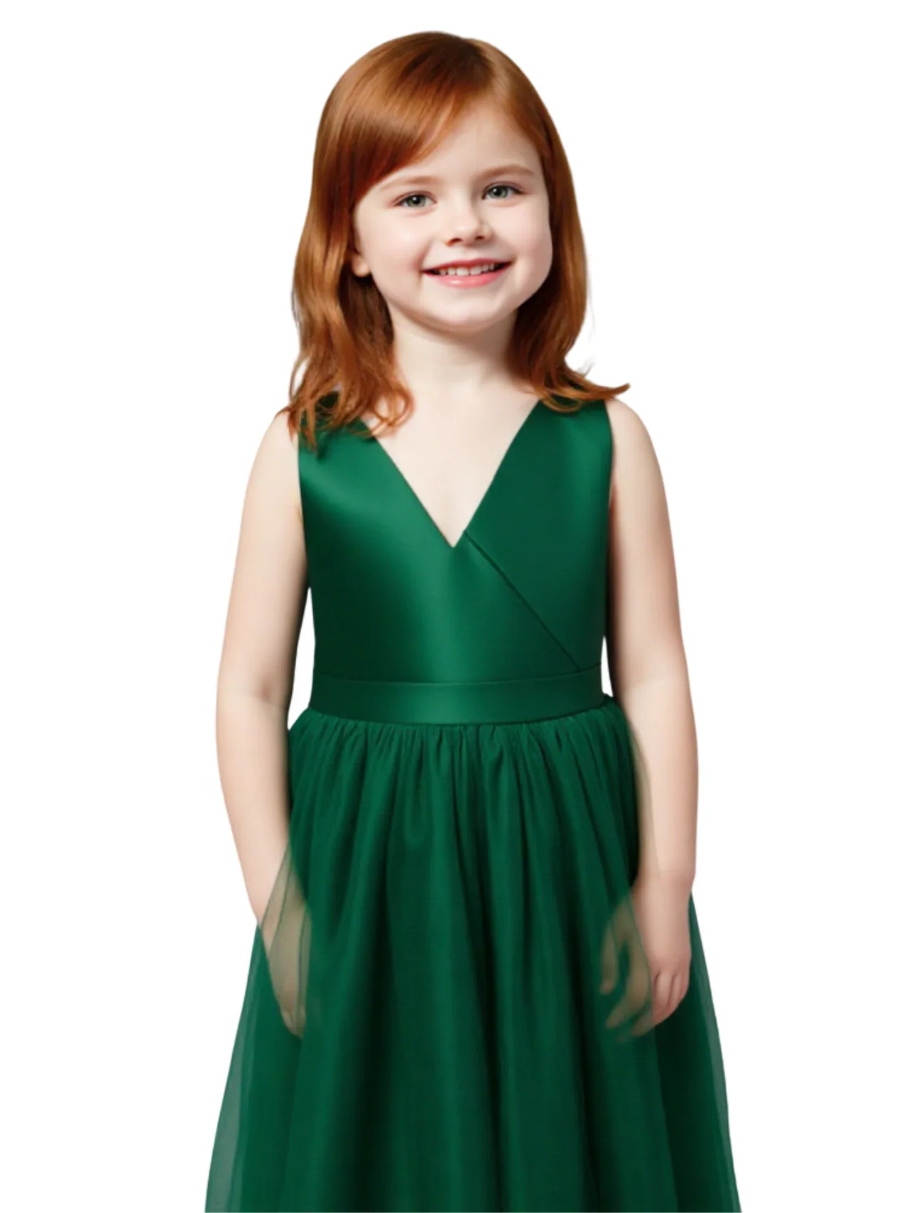 Young girl wearing a green dress on a white background