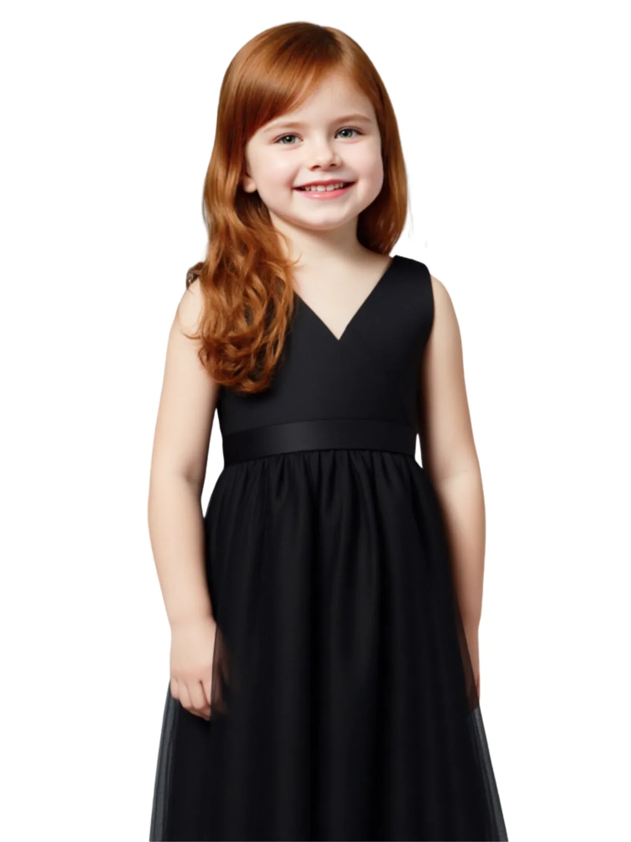 Young girl wearing a black dress on a white background
