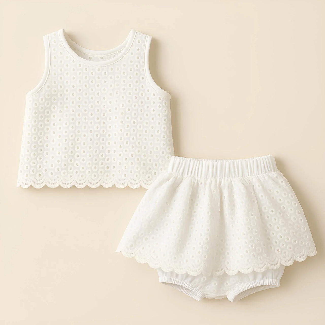Girl's Summer Clothing Set - Hollow Lace Sleeveless Shirt & Shorts 2Pcs Set