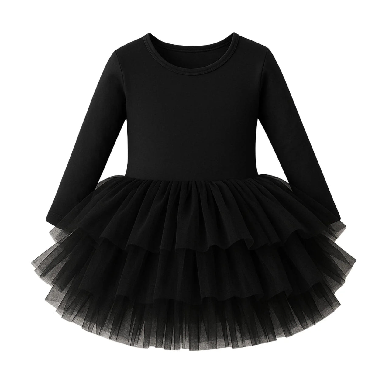 Black long-sleeved ballet tutu dress on a white background