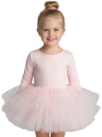 Thumbnail for Young girl wearing a long sleeved light pink ballet tutu glitter dress on a white background
