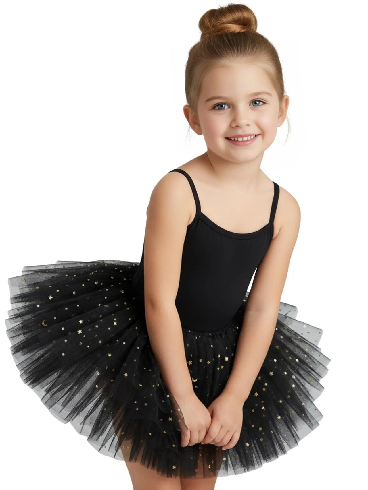 Young girl wearing a black glitter ballet tutu dress with thin straps  on a white background