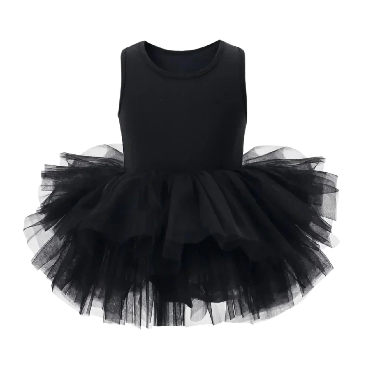 Girls sleeveless black ballet tutu dress on a white background