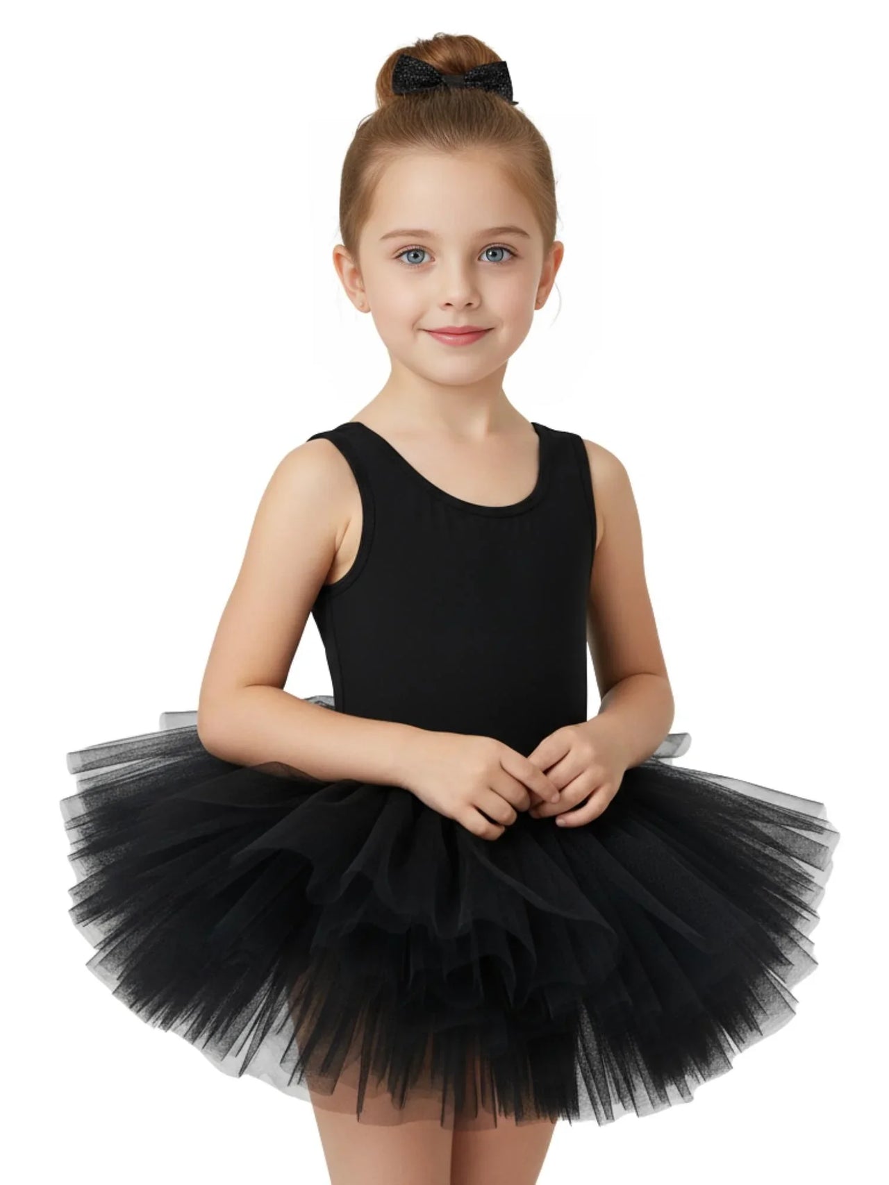 Girl wearing a black sleeveless Ballet Tutu Dress on a white background