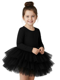 Thumbnail for Young girl wearing a black long sleeved ballet tutu dress on a white background