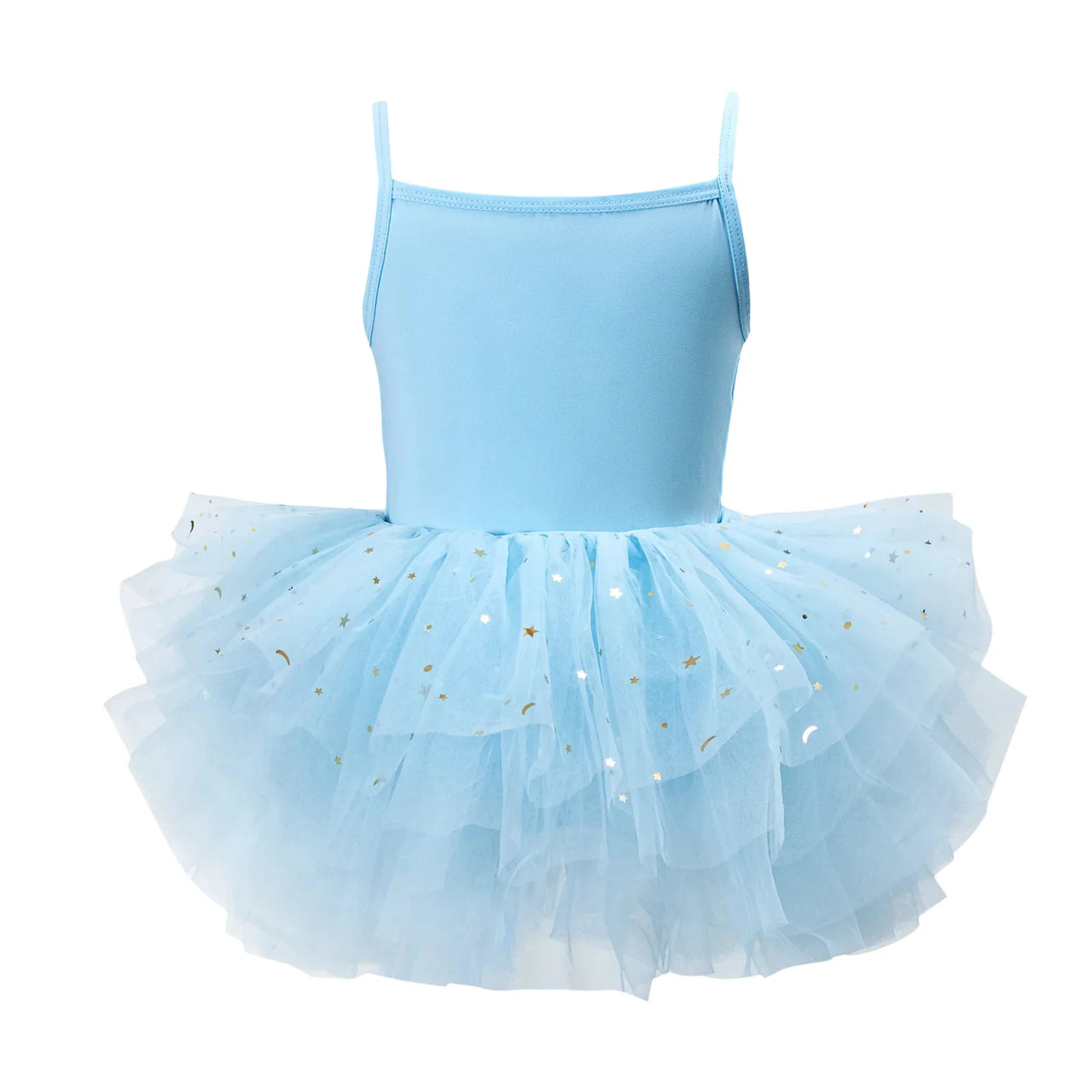 Sky blue glitter ballet tutu dress with thin straps on a white background