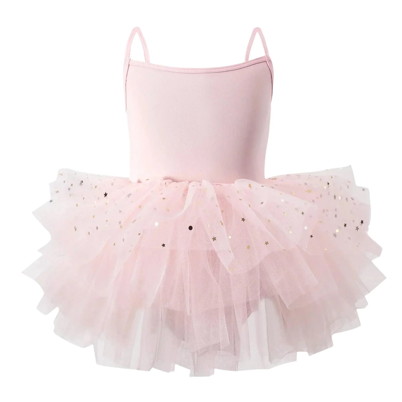 Light pink glitter ballet tutu dress with thin straps on a white background