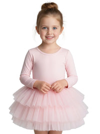 Thumbnail for Young girl wearing a pink long sleeved ballet tutu dress on a white background
