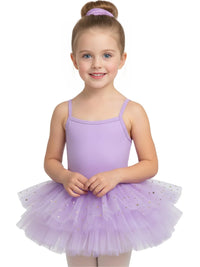 Thumbnail for Young girl wearing a purple glitter ballet tutu dress with thin straps on a white background