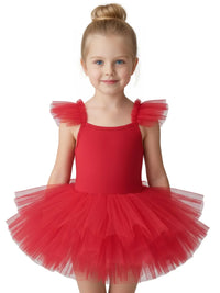 Thumbnail for Young girl wearing a red ballet tutu dress with pom pom straps on a white background