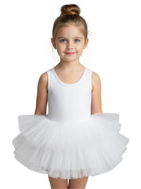 Thumbnail for Young girl wearing a white sleeveless ballet tutu dress on a white background