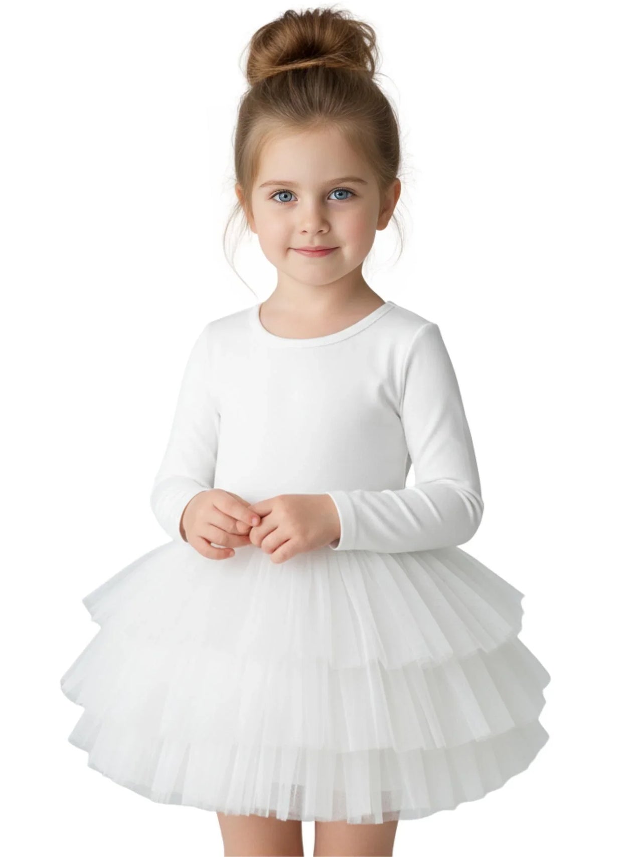 Young girl wearing a white long sleeved ballet tutu dress against a white background
