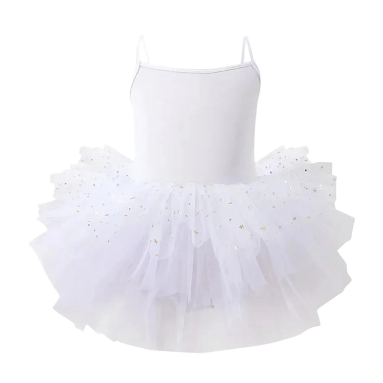 White glitter ballet tutu dress with thin straps on a white background