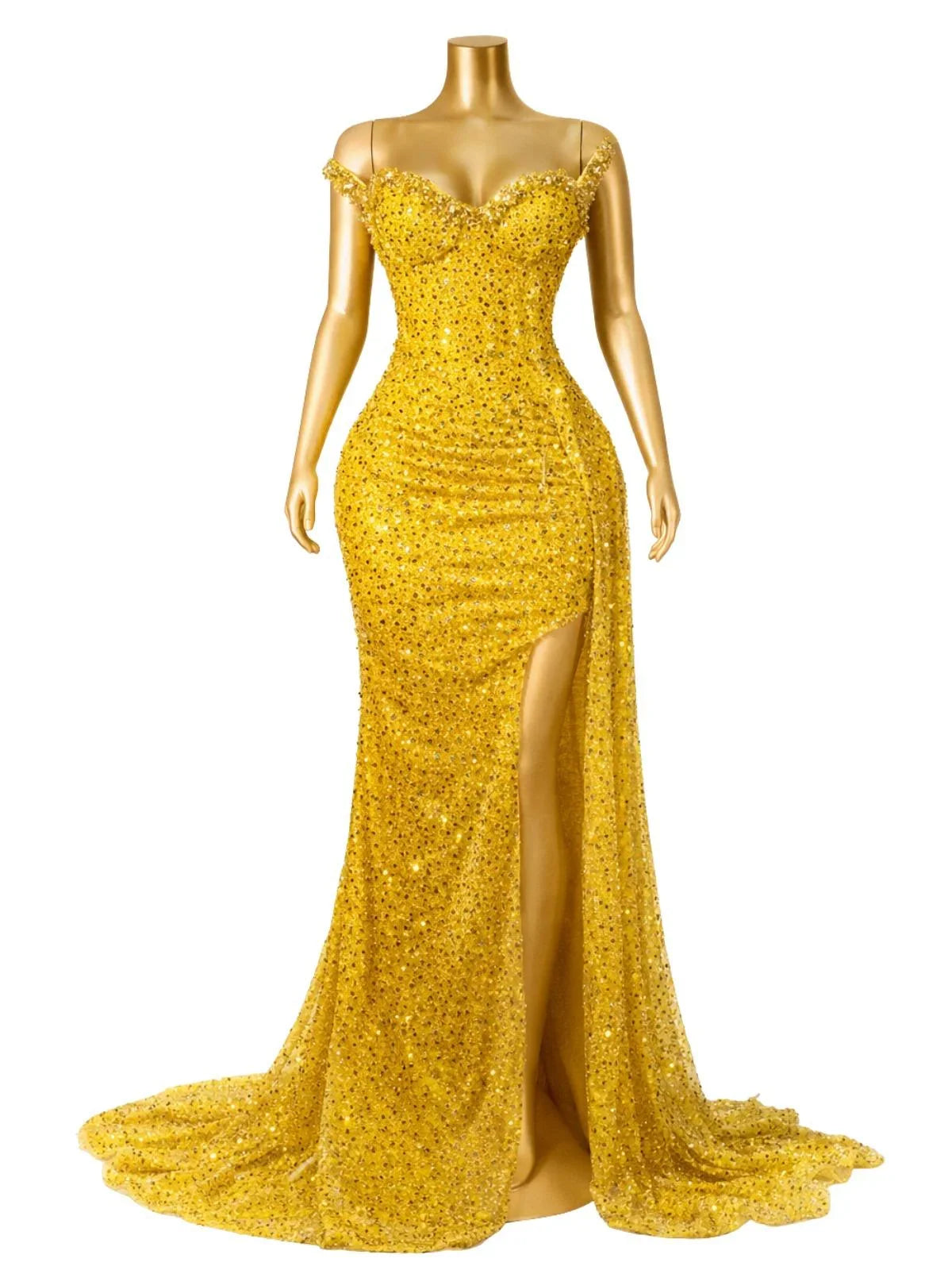 Yellow strapless mermaid evening gown with a high slit on a mannequin against a white background