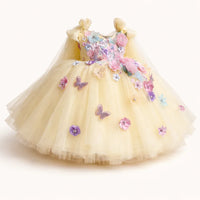 Thumbnail for Yellow children's dress with floral and butterfly decorations on a white background