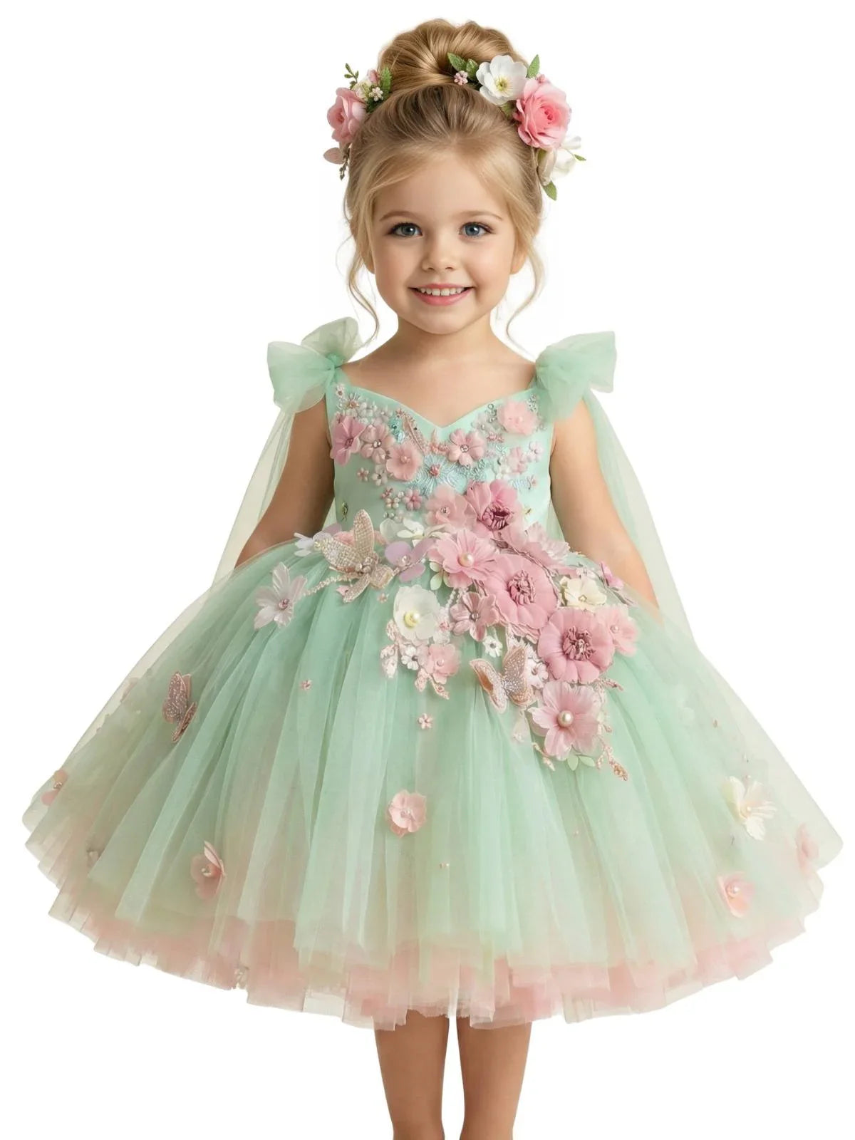 Gorgeous Girl's Embroidered Flower Dress With Big Bow Back