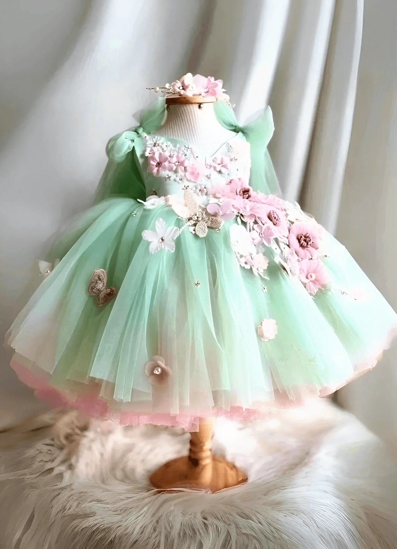 Gorgeous Girl's Embroidered Flower Dress With Big Bow Back, Drestiny, Dresses, Green, Yellow, Pink, Blue, 6-12M, 18-24M, 3Y, 3T, 4Y, 4T, 5Y, 5T, 5Y, 6T, 7-8Y, 7-8T, United States, USA, Canada, Australia, New Zealand, United Kingdom, UK, girls formal dresses, flower girl dresses, kids party dresses, girls dresses for special occasions, girls party dresses, formal dresses for girls, children's occasion wear, shopdrestiny.com