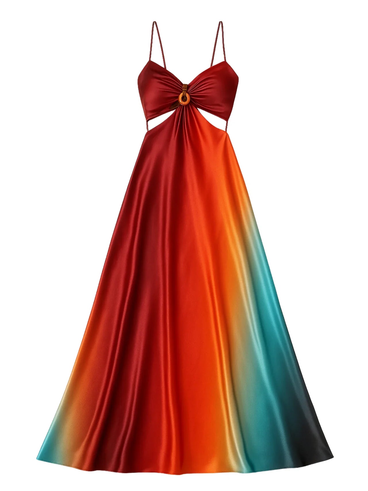 Gradient dress with red top and blue-green skirt on a white background