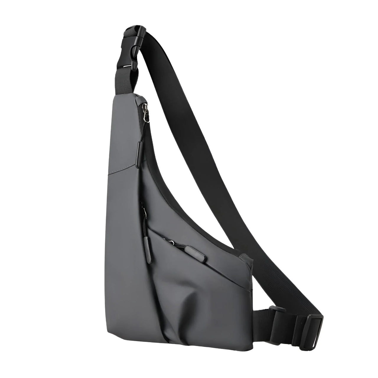 Gray crossbody bag with a black strap on a white background