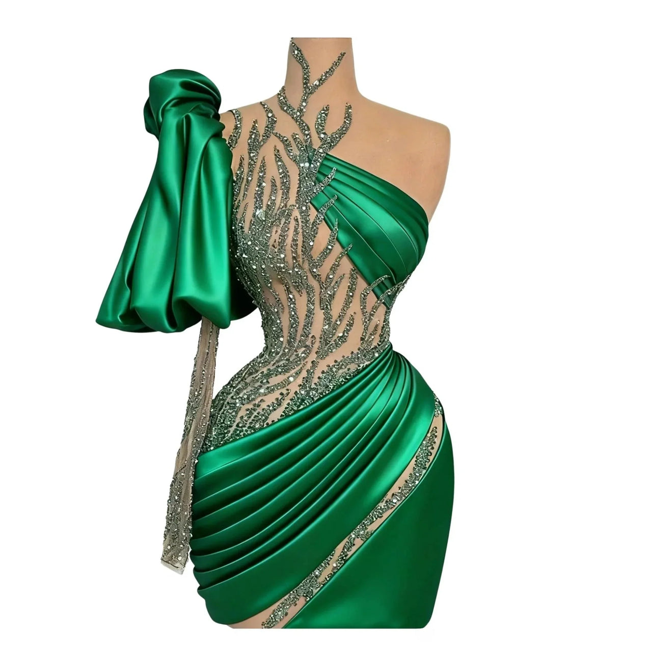 Green dress with sequin detailing on a mannequin against a white background