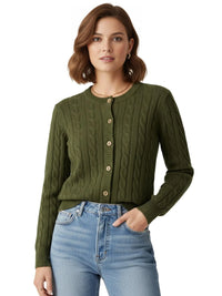 Thumbnail for Woman wearing a green cable knit cardigan and blue jeans on a white background
