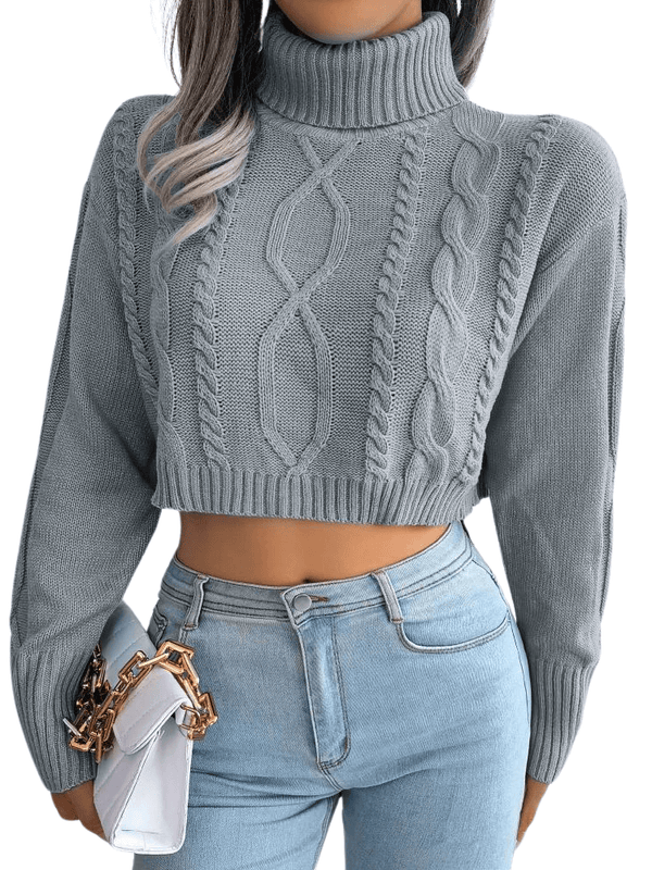 Knit Grey Turtleneck Crop Sweater For Women