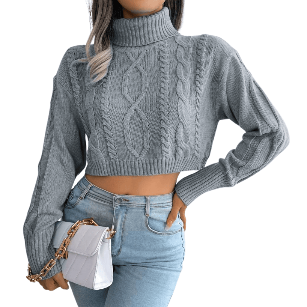 Grey Knit Turtleneck Crop Sweater For Women