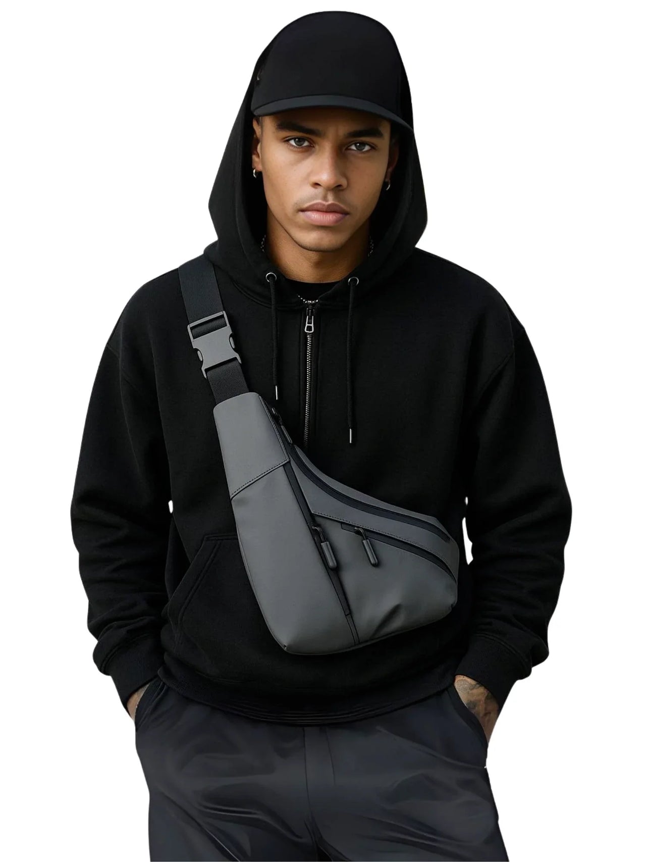 Man wearing a black hoodie with a gray sling bag on a white background