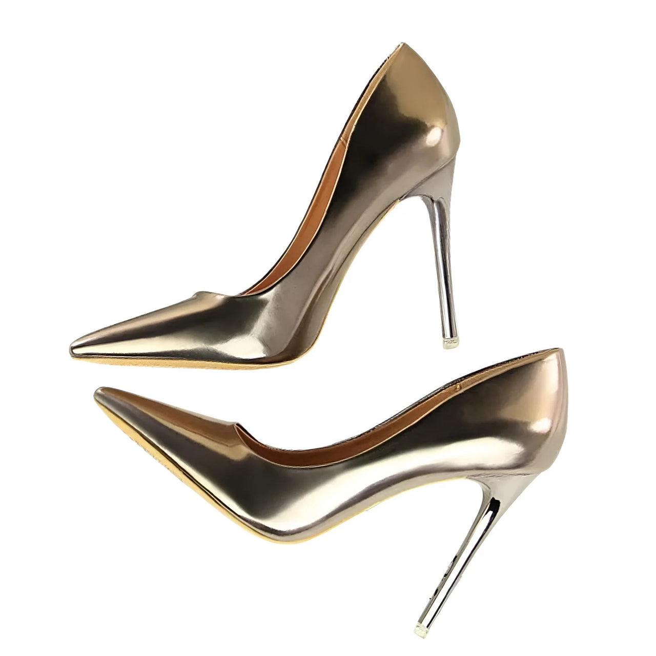 Pair of gun metal gray high-heeled shoes on a white background