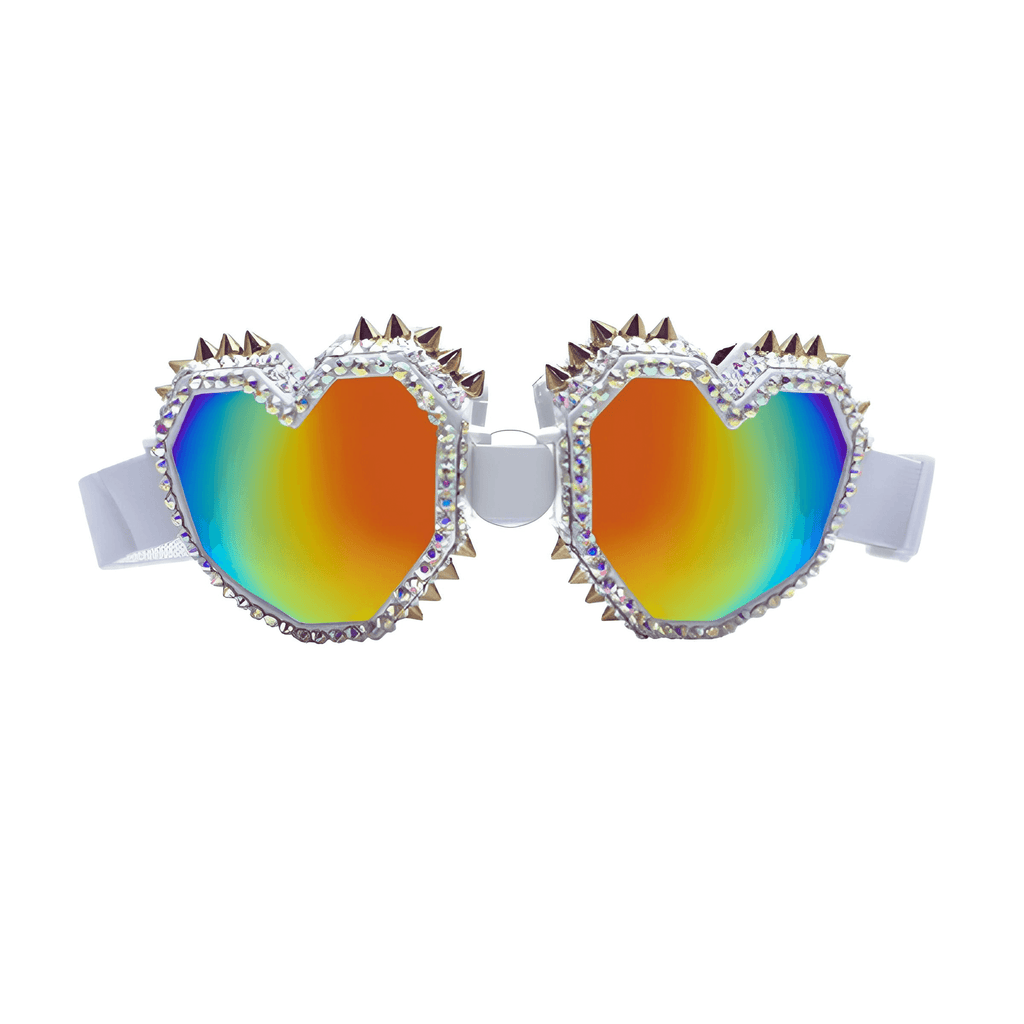 White Rainbow Heart Shaped Goggle Sunglasses With Spikes