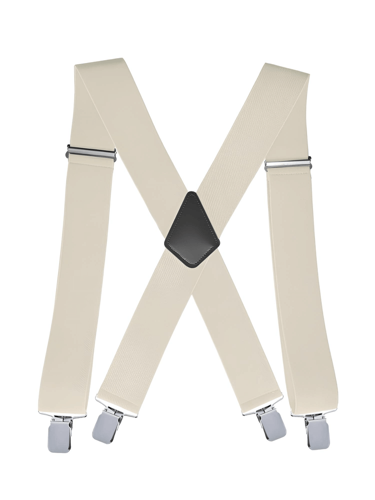 Heavy Duty Big Size Off White Suspenders for Men - 2 Inch Wide X Back 4 Strong Clips