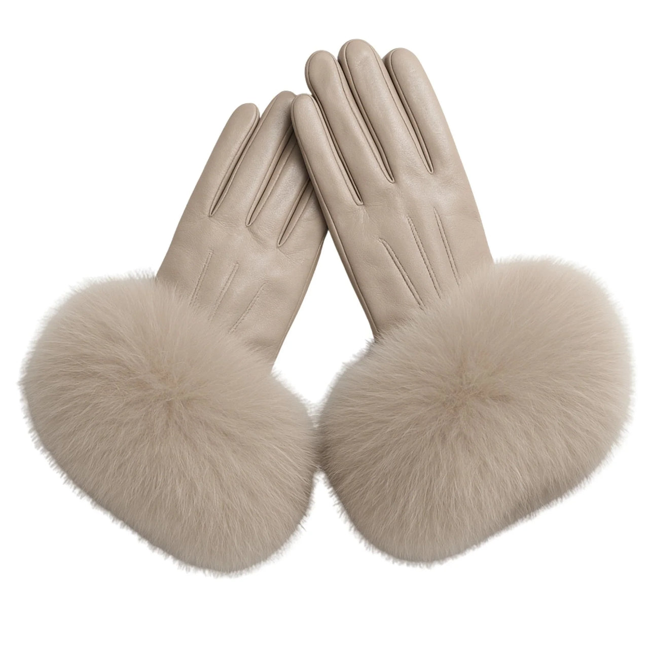 Pair of beige leather gloves with fur cuffs on a white background