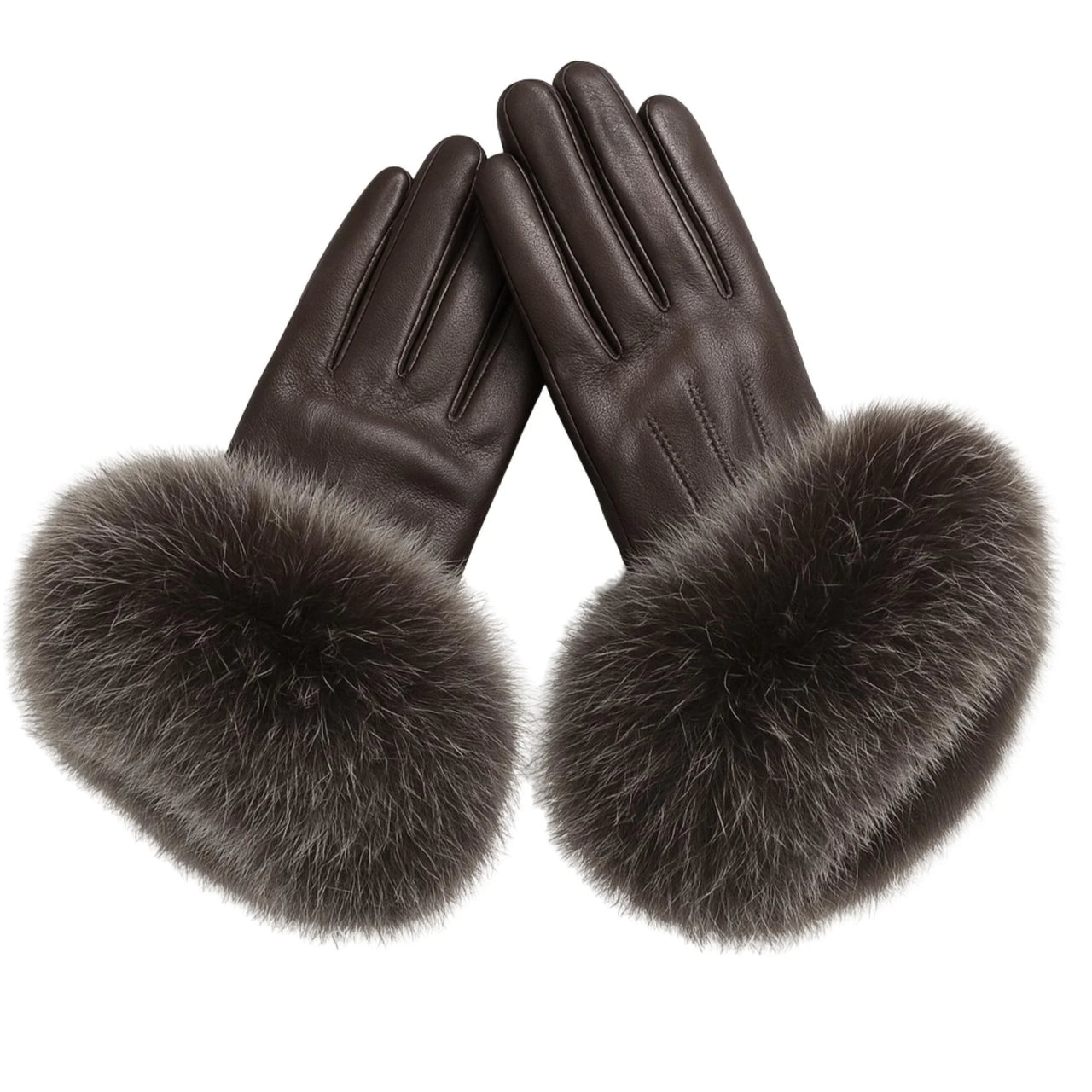 Pair of dark brown leather gloves with fur cuffs on a white background