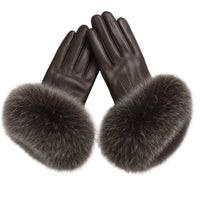 Thumbnail for Pair of dark brown leather gloves with fur cuffs on a white background