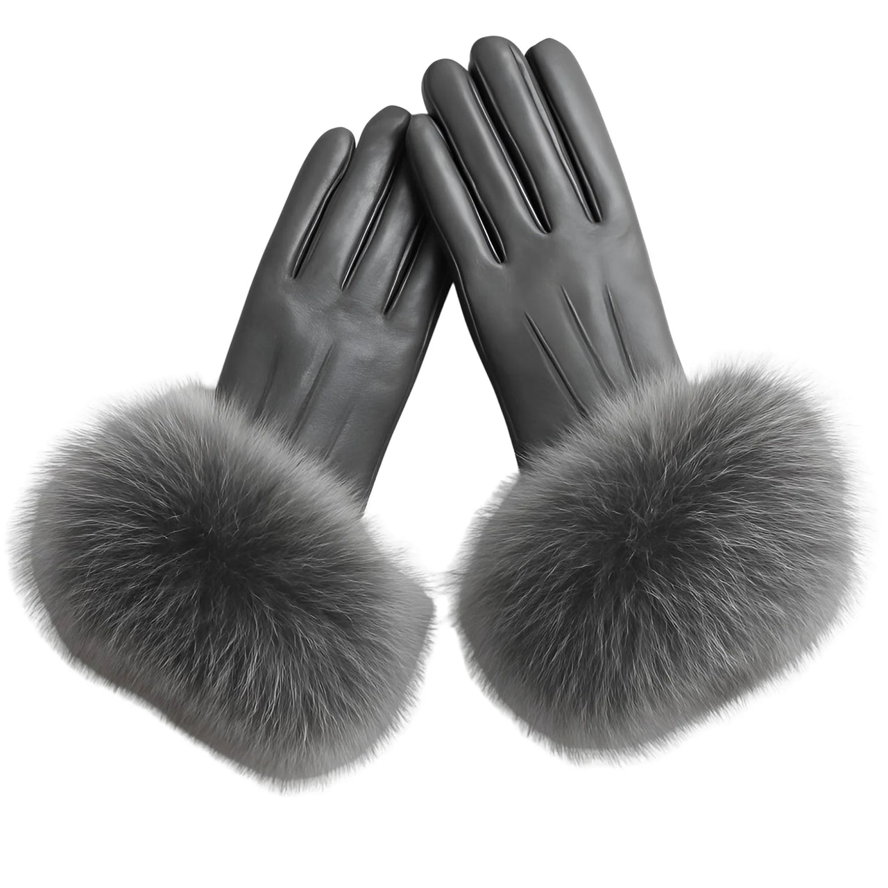 Grey leather gloves with fur cuffs on a white background