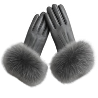 Thumbnail for Grey leather gloves with fur cuffs on a white background