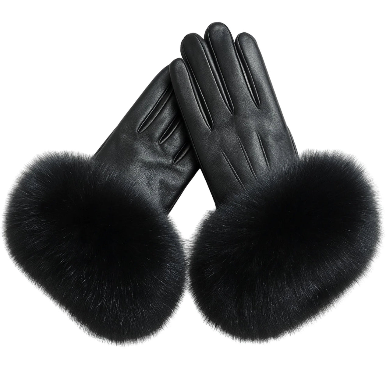 Black leather gloves with fur cuffs on a white background