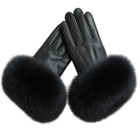 Thumbnail for Black leather gloves with fur cuffs on a white background