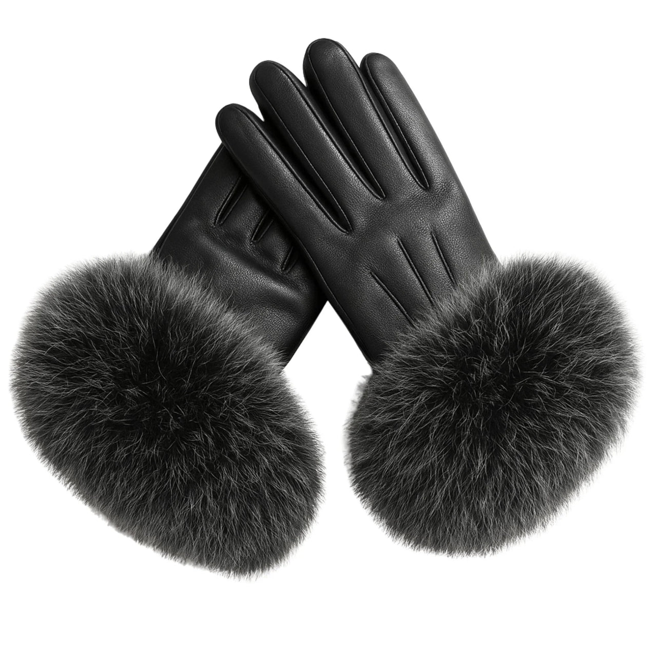 Black leather gloves with silver fox fur cuffs on a white background