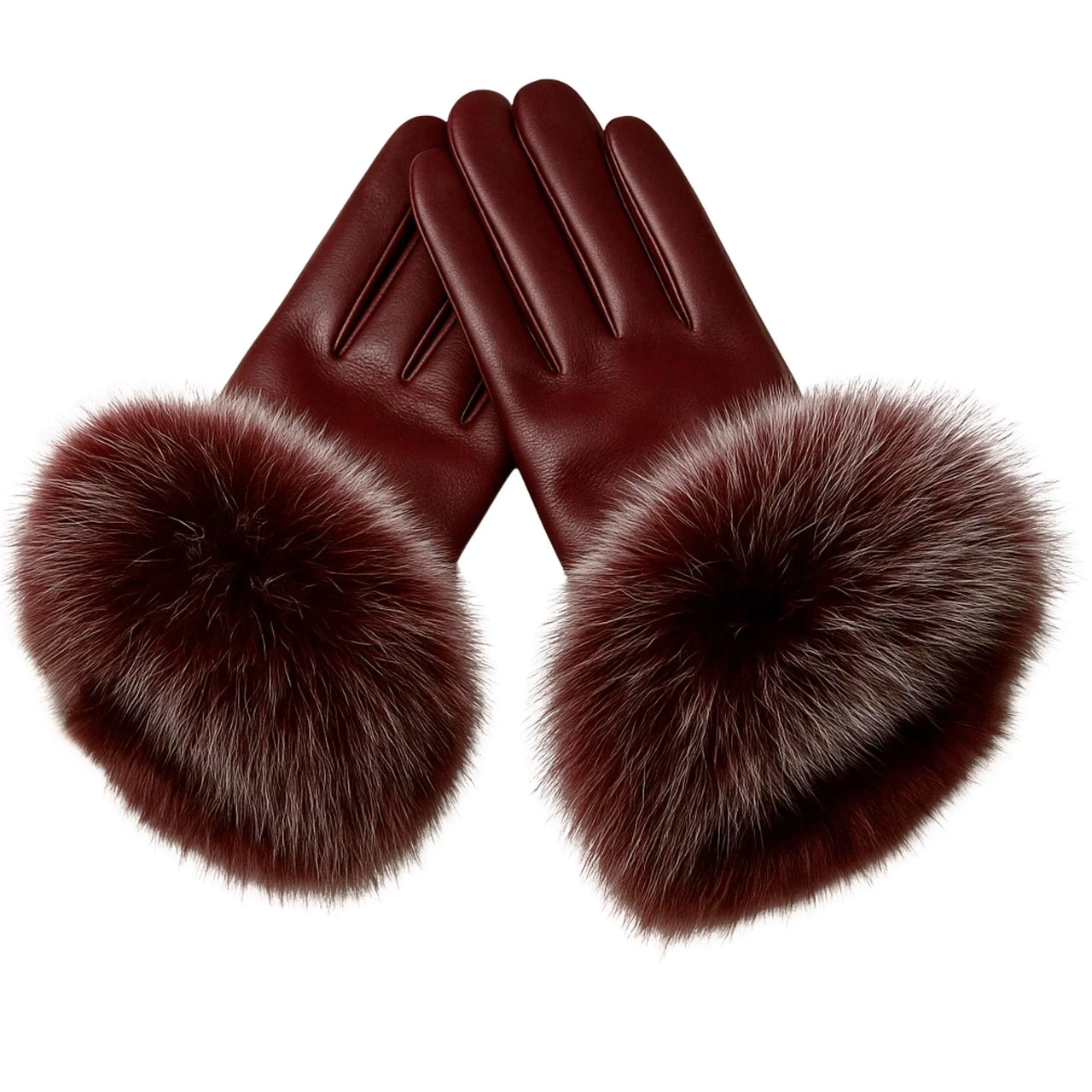 Pair of dark red leather gloves with fur cuffs on a white background